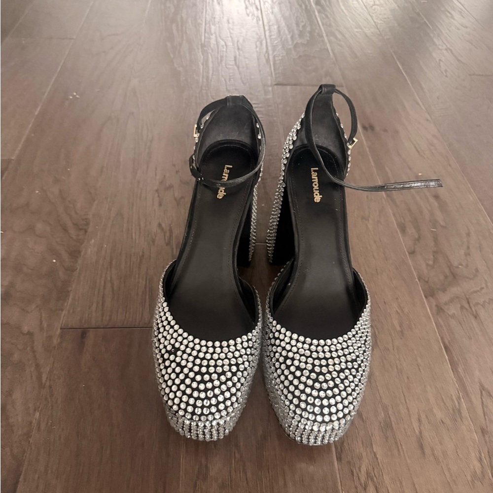 Larroude Black Platform Block Heels with Silver Crystal Accents (BRAND NEW) - Picture 1 of 9